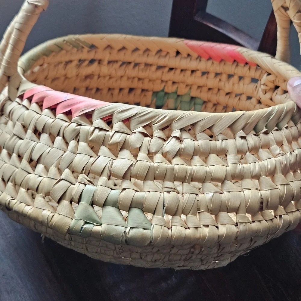 Vintage Native American Coiled‎ Basket Bowl colorful pattern with Handles